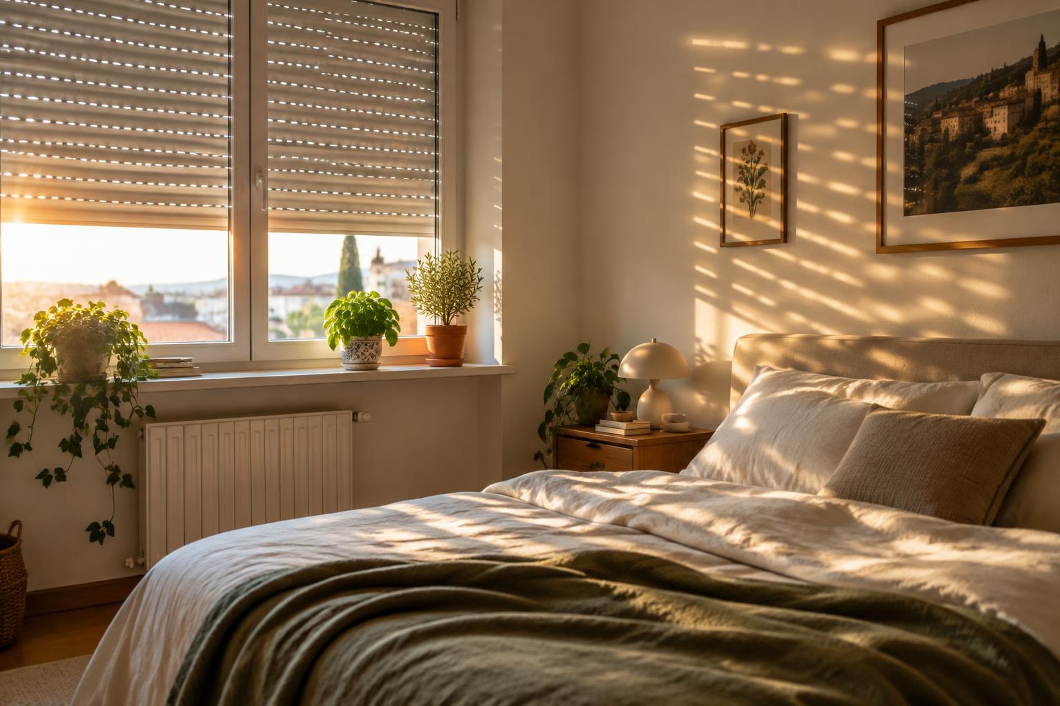 Luce del mattino che filtra dalle tapparelle in una camera da letto