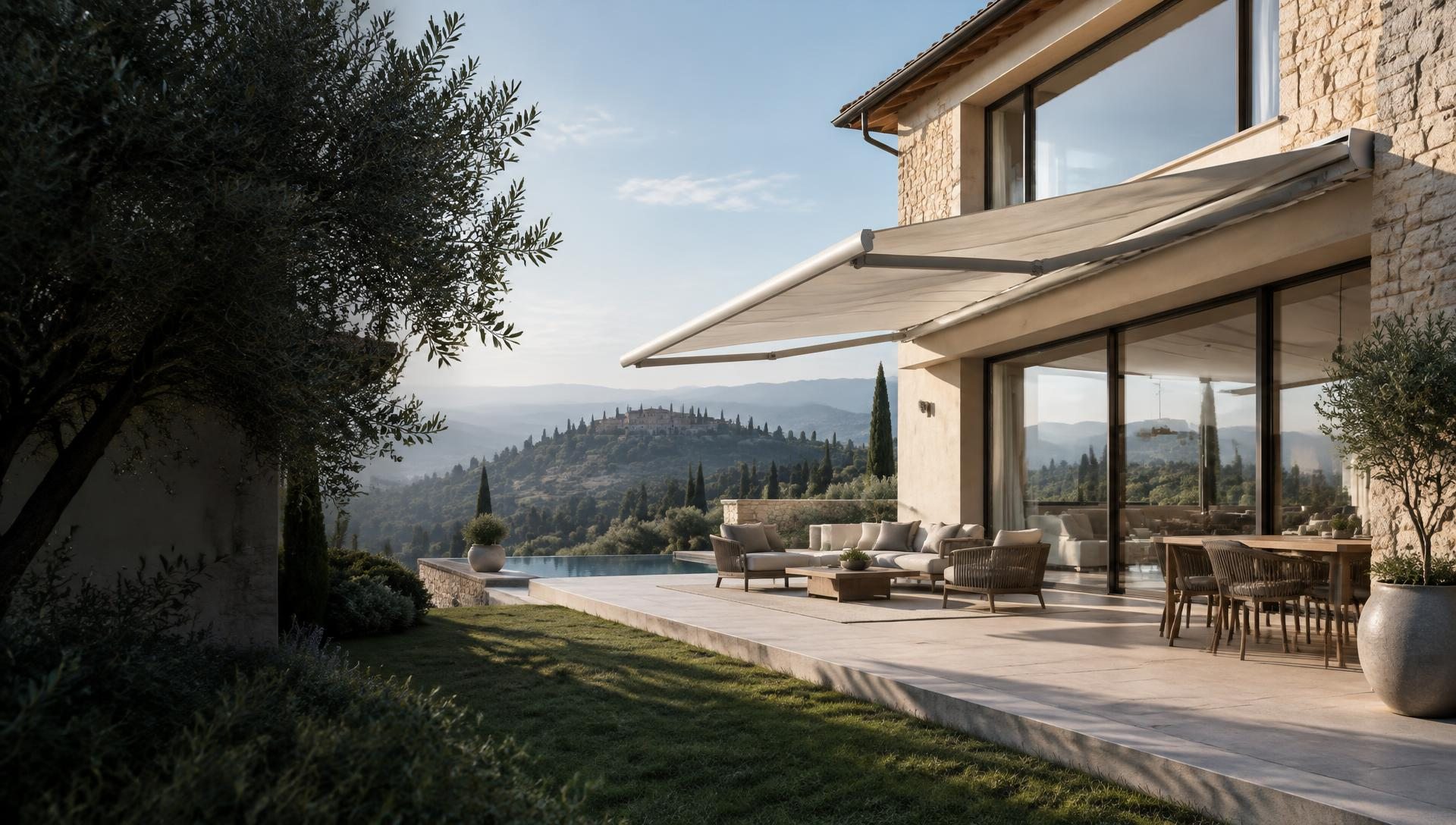 Casa contemporanea con tenda da sole e schermature