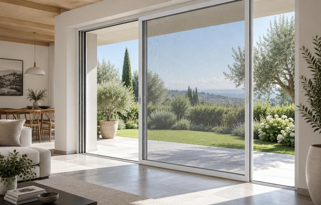 Portafinestra con zanzariera aperta sul giardino